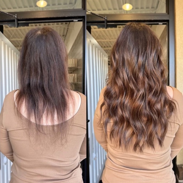 before-and-after photos of a Garnish Studios guest wearing a custom crown over thinning hair